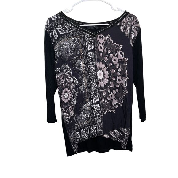 Desigual Blouse Women's Large V-Neck Floral 3/4 Sleeve Rhinestone Top Shirt - Picture 1 of 11